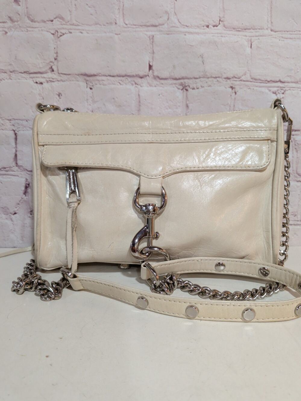 Rebecca Minkoff Mini M.A.C. Leather Crossbody Bag Cream Beige Silver Studs